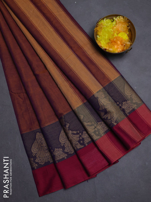 Narayanpet cotton saree dual shade of brown and purple with plain body and thread woven simple border