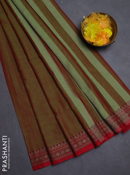 Narayanpet cotton saree dual shade of redish green and red with plain body and thread woven border