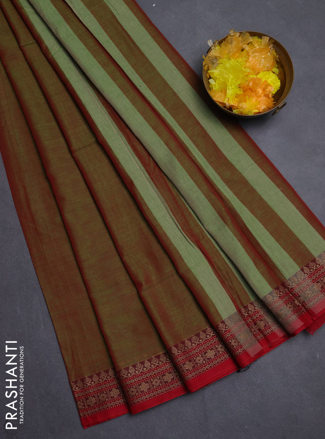 Narayanpet cotton saree dual shade of redish green and red with plain body and thread woven border
