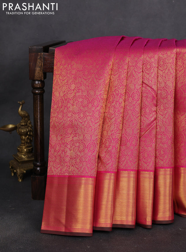 Pure kanchipuram silk saree pink and dual shade of green with allover zari woven brocade weaves and rich zari woven border