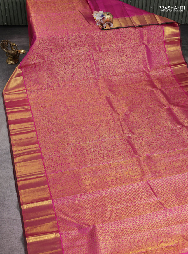 Pure kanchipuram silk saree pink and dual shade of green with allover zari woven brocade weaves and rich zari woven border