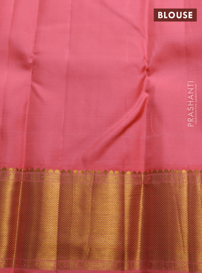 Pure kanchipuram silk saree peach pink with allover zari checks & buttas and rich zari woven border