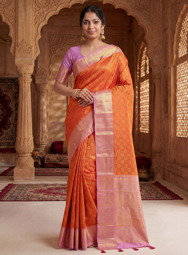 Pure kanchipuram silk saree orange and mild lavender with allover zari woven brocade weaves and rich zari woven border