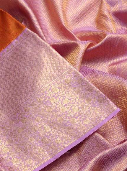 Pure kanchipuram silk saree orange and mild lavender with allover zari woven brocade weaves and rich zari woven border