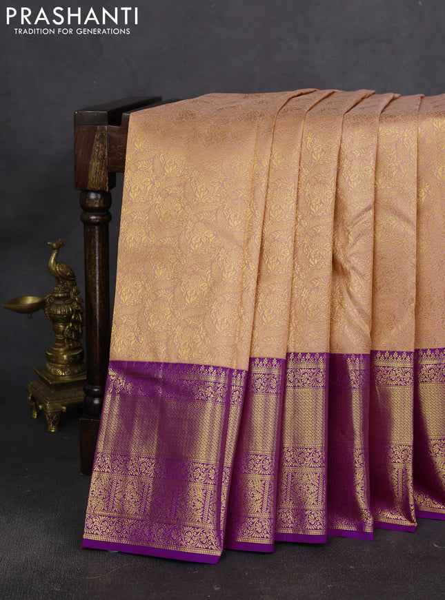 Pure kanchipuram silk saree peach shade and purple with allover zari woven brocade weaves and long rich zari woven border