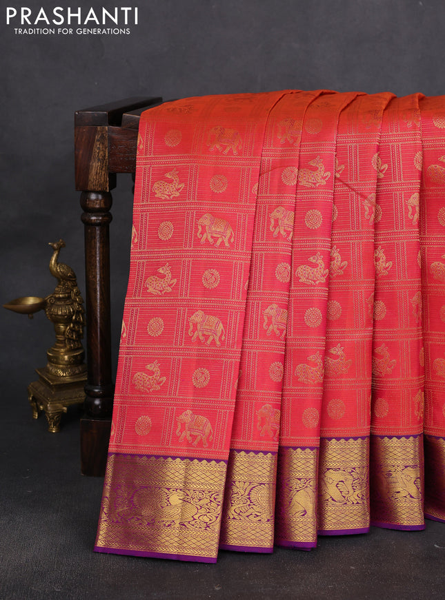 Pure kanchipuram silk saree pinkish orange and purple with allover zari woven checks & buttas and annam & elephant zari woven border