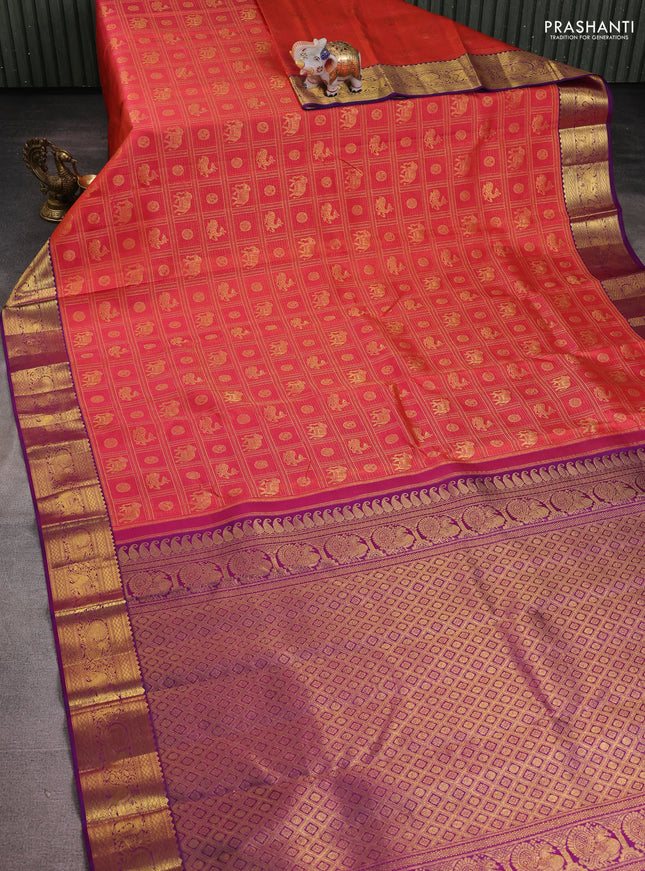 Pure kanchipuram silk saree pinkish orange and purple with allover zari woven checks & buttas and annam & elephant zari woven border