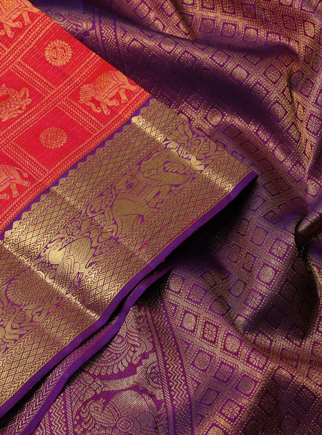 Pure kanchipuram silk saree pinkish orange and purple with allover zari woven checks & buttas and annam & elephant zari woven border