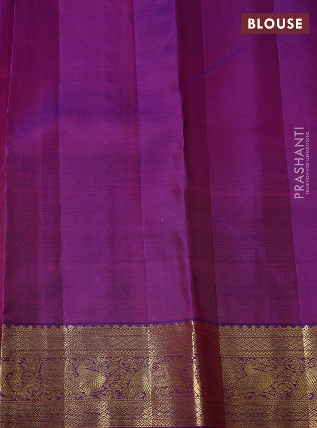 Pure kanchipuram silk saree pinkish orange and purple with allover zari woven checks & buttas and annam & elephant zari woven border