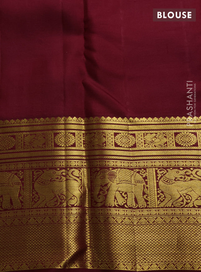 Pure kanchipuram silk saree pastel peach and maroon with allover silver zari woven brocade weaves and long rich zari woven border