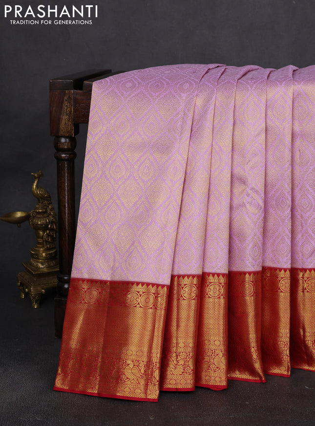 Pure kanchipuram silk saree mild lavender and red with allover zari woven brocade weaves and long rich zari woven border