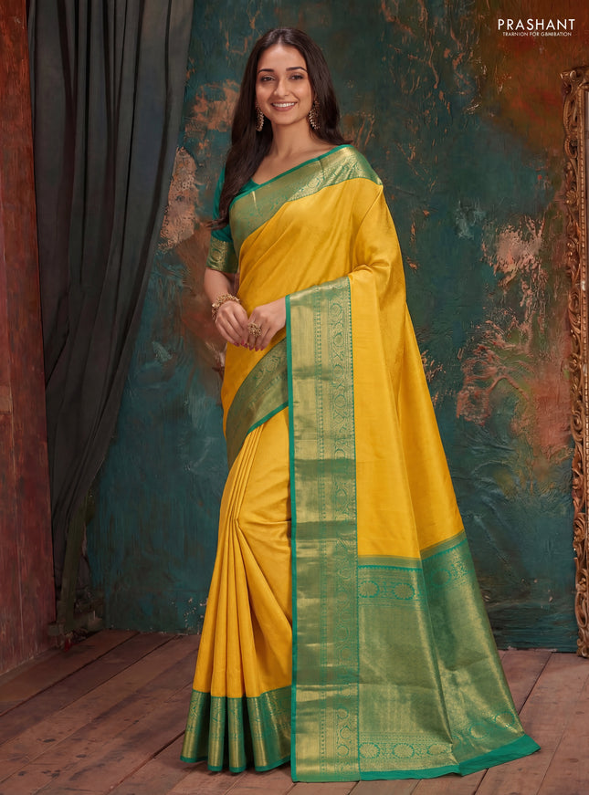 Pure kanchipuram silk saree mango yellow and green with allover zari woven brocade weaves and rich zari woven border