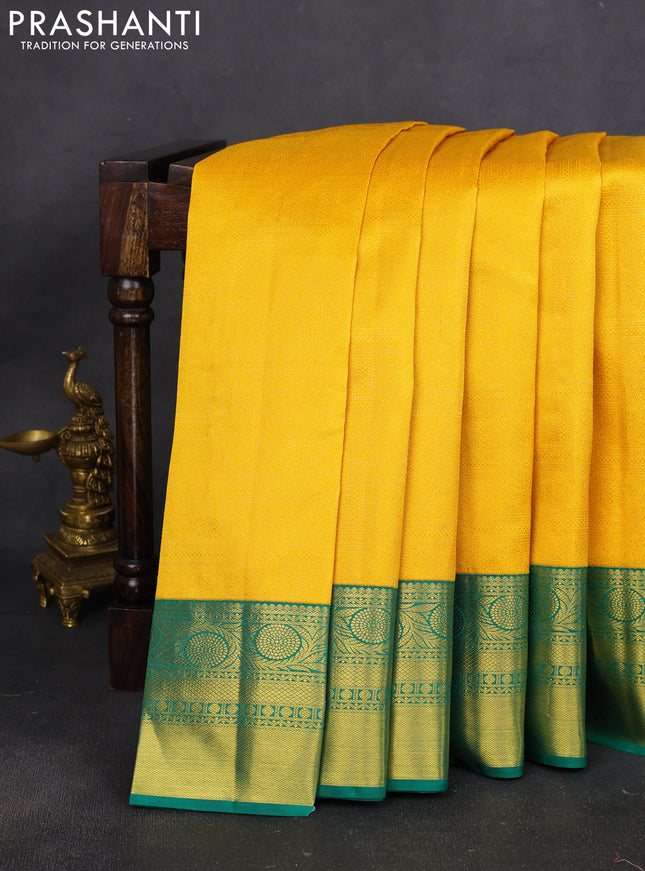 Pure kanchipuram silk saree mango yellow and green with allover zari woven brocade weaves and rich zari woven border