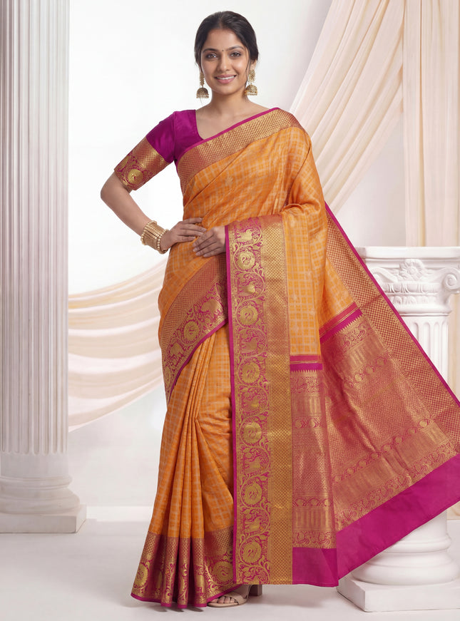 Pure kanchipuram silk saree orange and pink with allover zari woven brocade weaves and long rich elephant & annam zari woven border