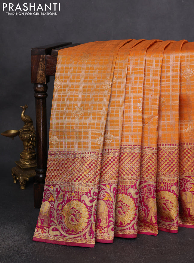 Pure kanchipuram silk saree orange and pink with allover zari woven brocade weaves and long rich elephant & annam zari woven border
