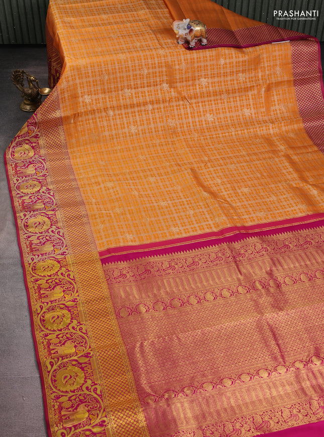 Pure kanchipuram silk saree orange and pink with allover zari woven brocade weaves and long rich elephant & annam zari woven border