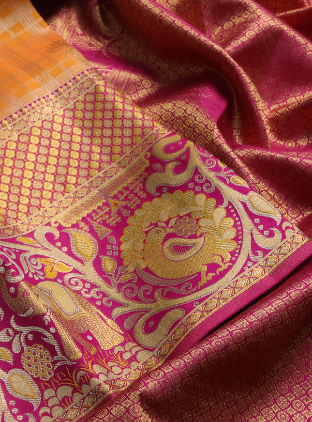 Pure kanchipuram silk saree orange and pink with allover zari woven brocade weaves and long rich elephant & annam zari woven border