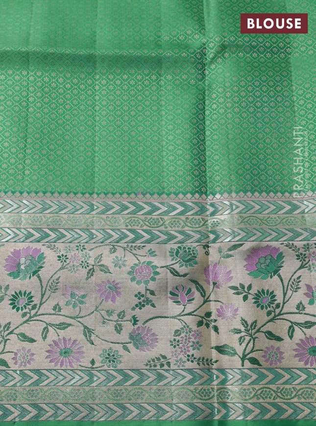 Pure kanchipuram silk saree teal green with allover zari woven brocade weaves and long rich floral zari woven border