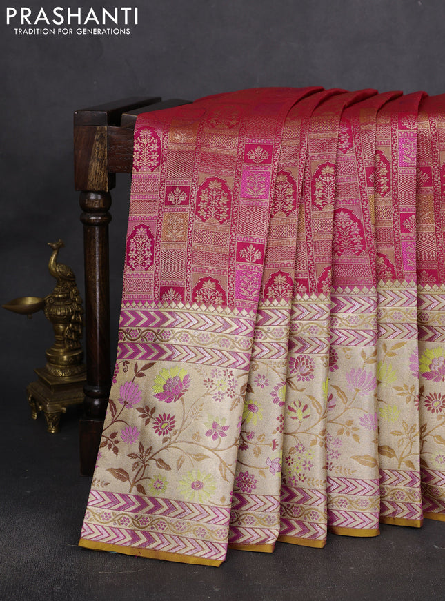 Pure kanchipuram silk saree pink and dark mustard with allover zari woven brocade weaves and long rich floral zari woven border
