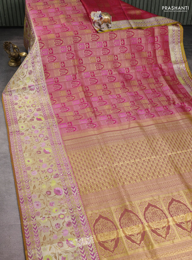Pure kanchipuram silk saree pink and dark mustard with allover zari woven brocade weaves and long rich floral zari woven border