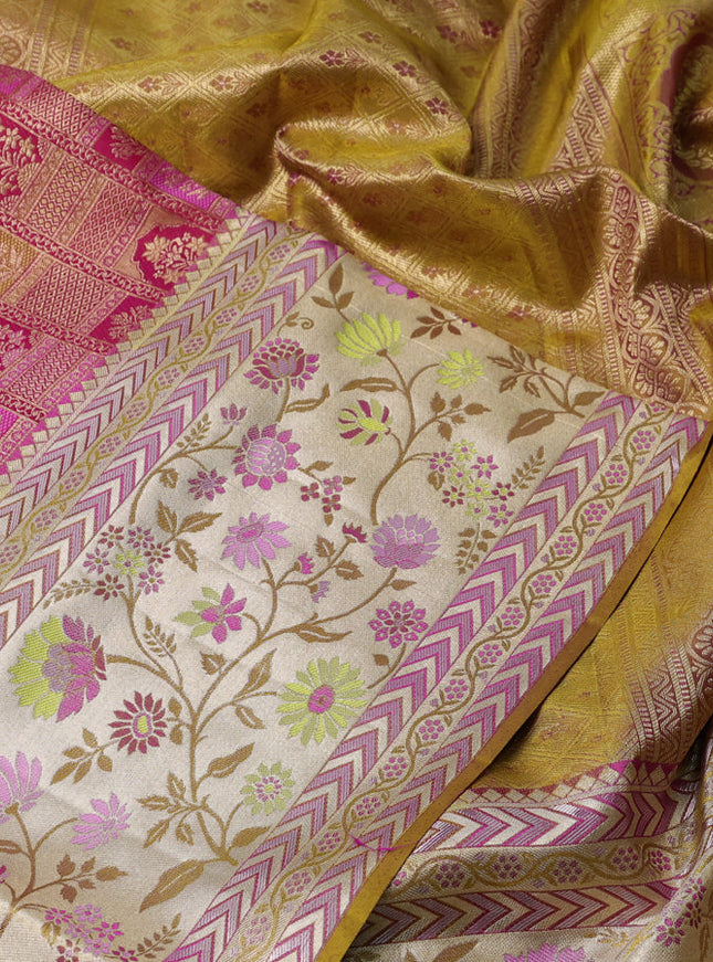 Pure kanchipuram silk saree pink and dark mustard with allover zari woven brocade weaves and long rich floral zari woven border