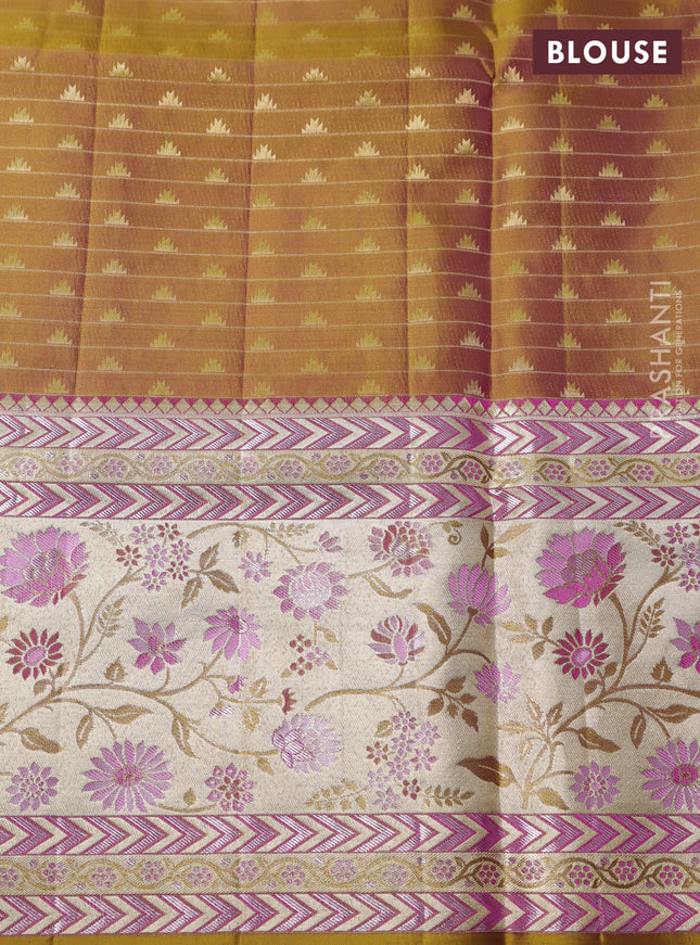 Pure kanchipuram silk saree pink and dark mustard with allover zari woven brocade weaves and long rich floral zari woven border