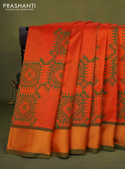 Silk cotton block printed saree orange and green with butta prints and zari woven border