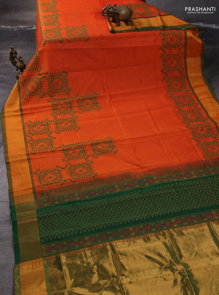 Silk cotton block printed saree orange and green with butta prints and zari woven border