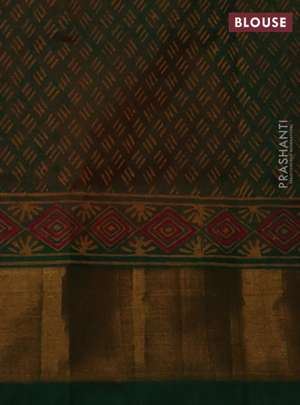Silk cotton block printed saree orange and green with butta prints and zari woven border