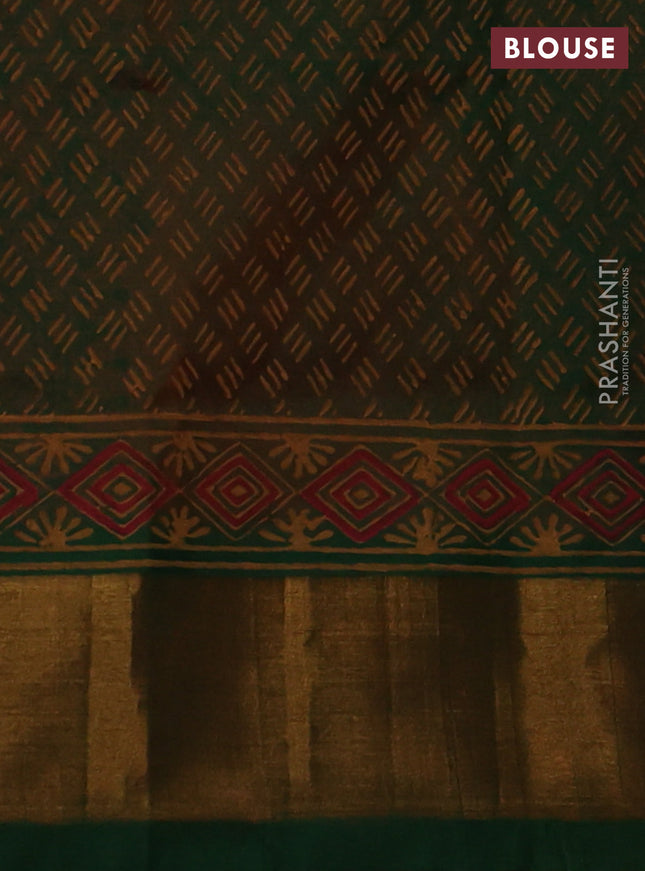 Silk cotton block printed saree orange and green with butta prints and zari woven border