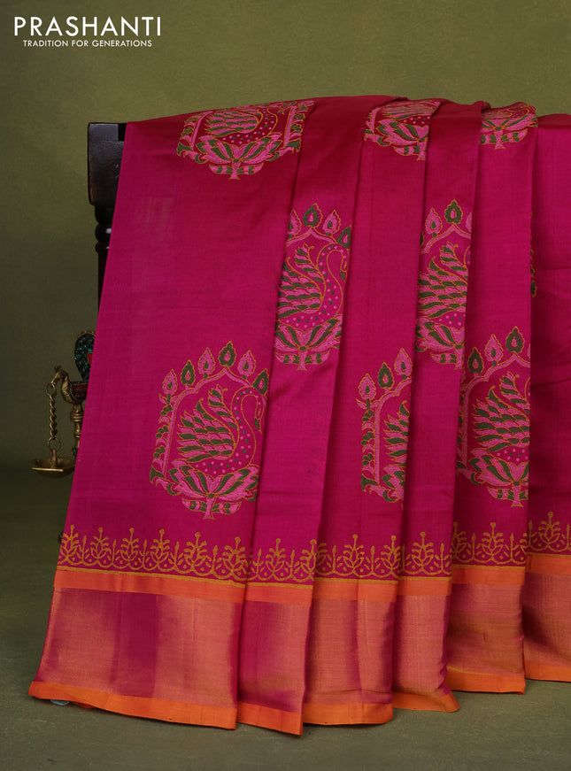 Silk cotton block printed saree pink and mango yellow with butta prints and zari woven border