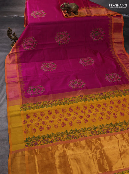 Silk cotton block printed saree pink and mango yellow with butta prints and zari woven border