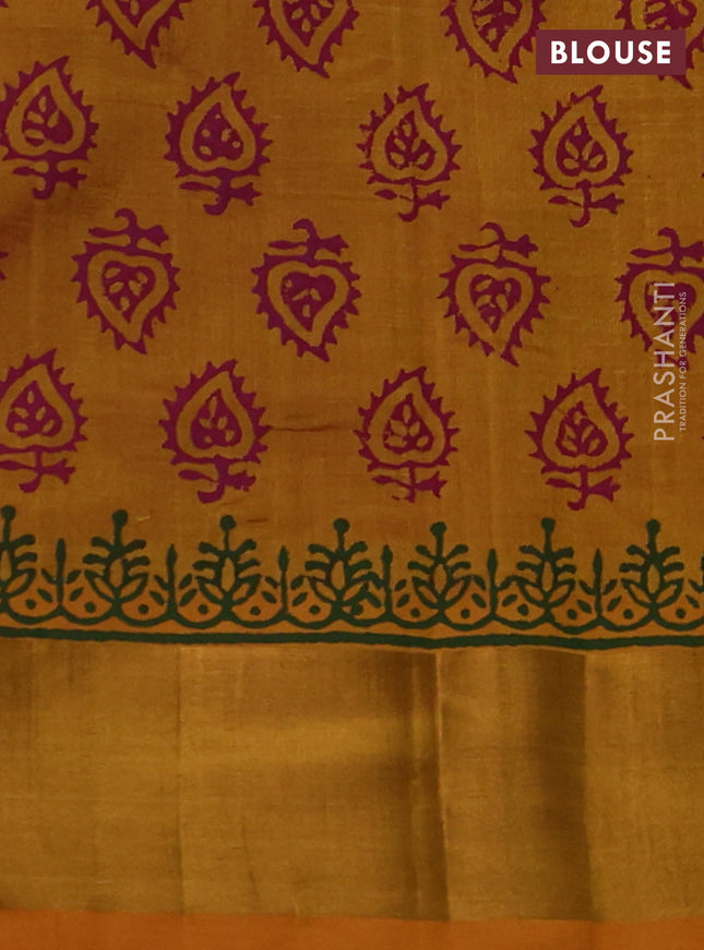 Silk cotton block printed saree pink and mango yellow with butta prints and zari woven border
