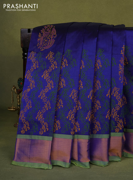 Silk cotton block printed saree blue and light green with allover prints and zari woven border