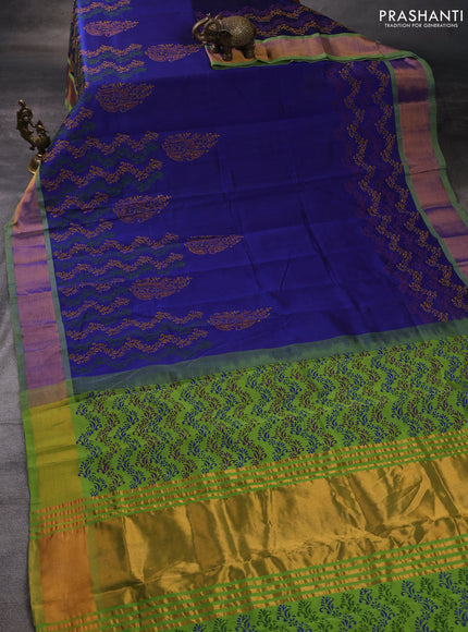 Silk cotton block printed saree blue and light green with allover prints and zari woven border