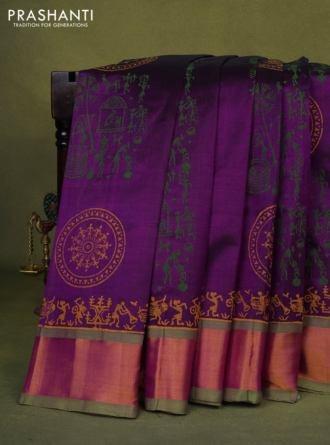 Silk cotton block printed saree violet and light green with warli prints and zari woven border