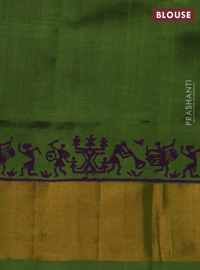 Silk cotton block printed saree violet and light green with warli prints and zari woven border