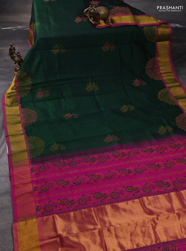 Silk cotton block printed saree green and pink with butta prints and zari woven border