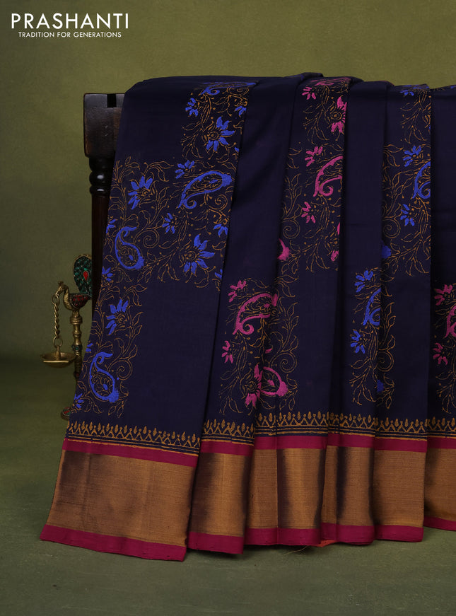 Silk cotton block printed saree navy blue and pink with allover prints and zari woven border