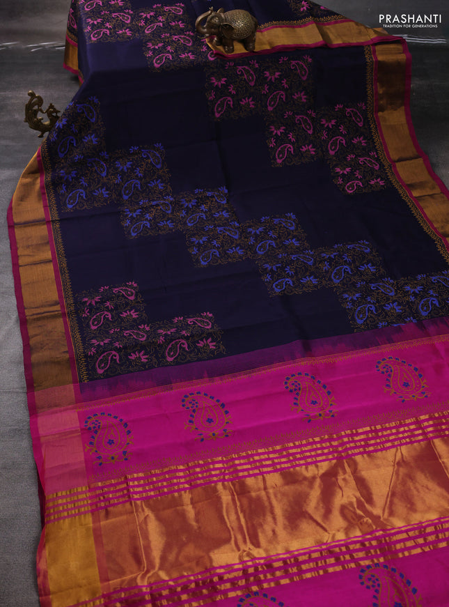 Silk cotton block printed saree navy blue and pink with allover prints and zari woven border