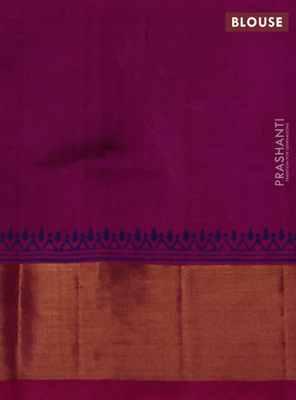 Silk cotton block printed saree navy blue and pink with allover prints and zari woven border