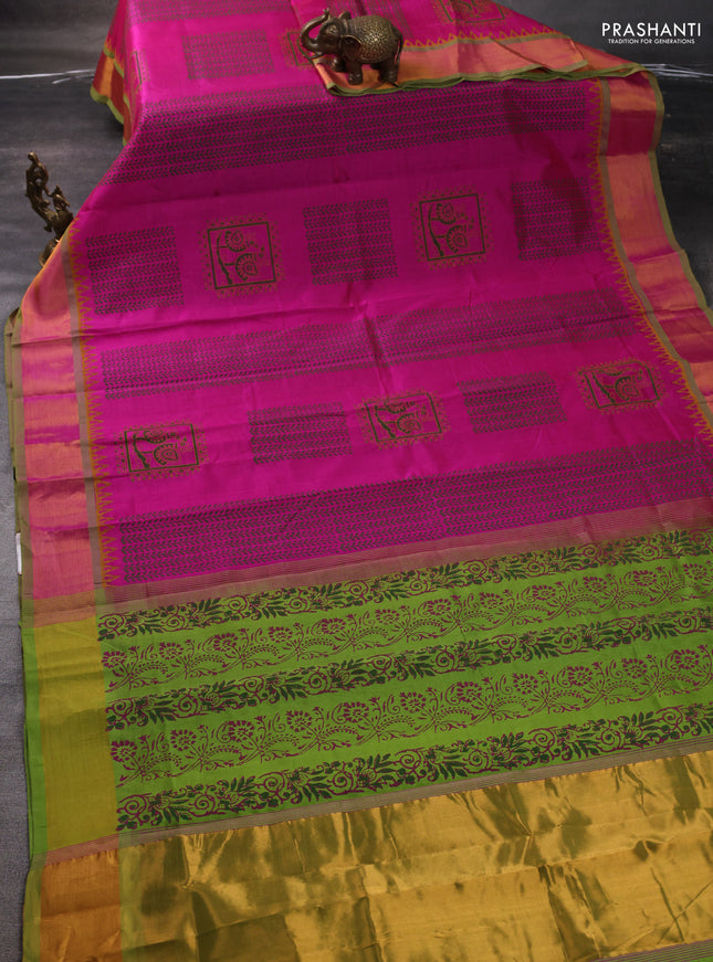 Silk cotton block printed saree pink and light green with allover prints and zari woven border
