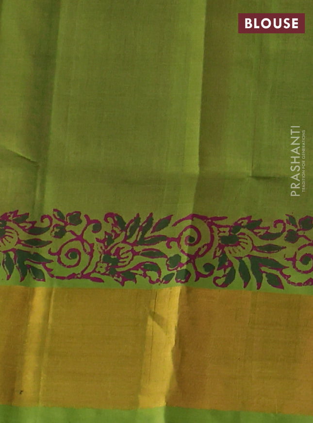 Silk cotton block printed saree pink and light green with allover prints and zari woven border