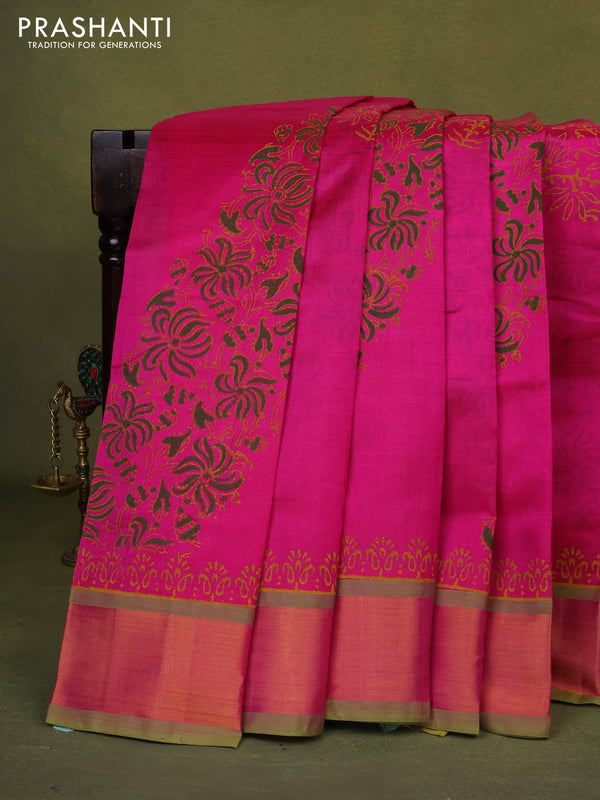 Silk cotton block printed saree pink and light green with allover prints and zari woven border