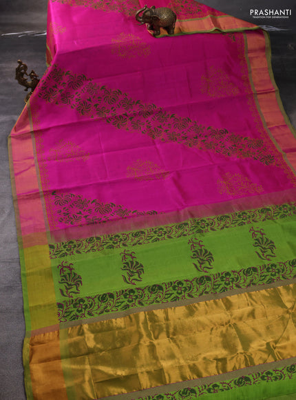 Silk cotton block printed saree pink and light green with allover prints and zari woven border