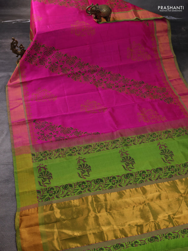 Silk cotton block printed saree pink and light green with allover prints and zari woven border