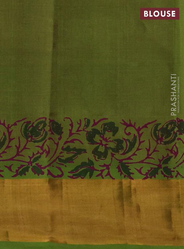 Silk cotton block printed saree pink and light green with allover prints and zari woven border