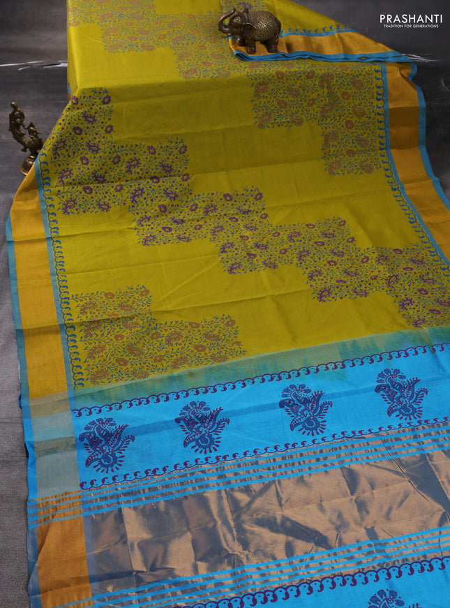 Silk cotton block printed saree lime yellow and cs blue with allover prints and zari woven border