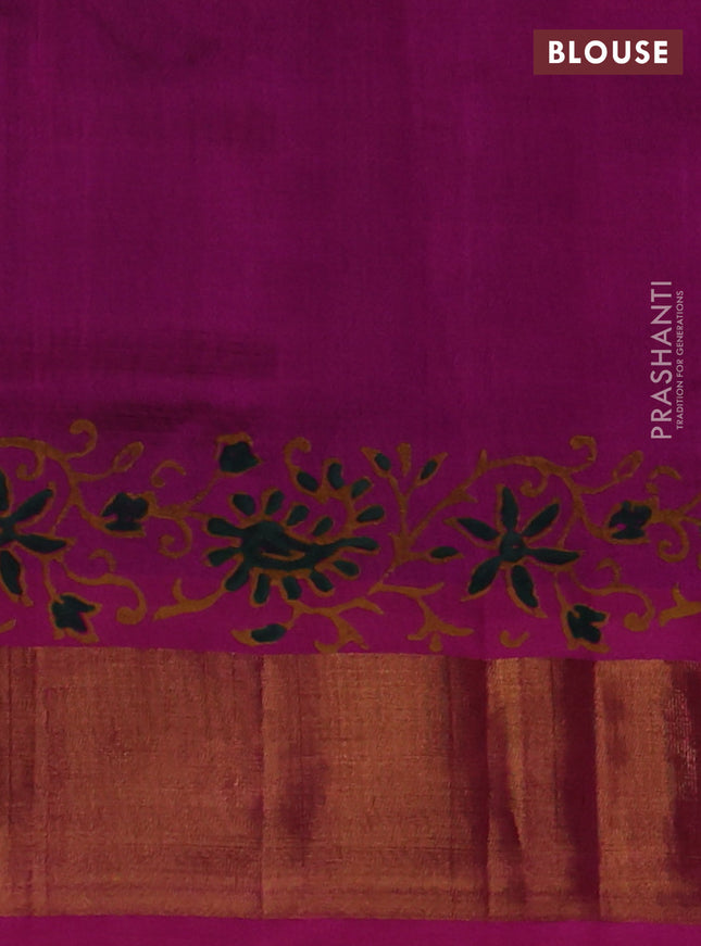 Silk cotton block printed saree green and pink with allover prints and zari woven border