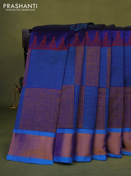 Silk cotton block printed saree blue and cs blue with butta prints and zari woven border